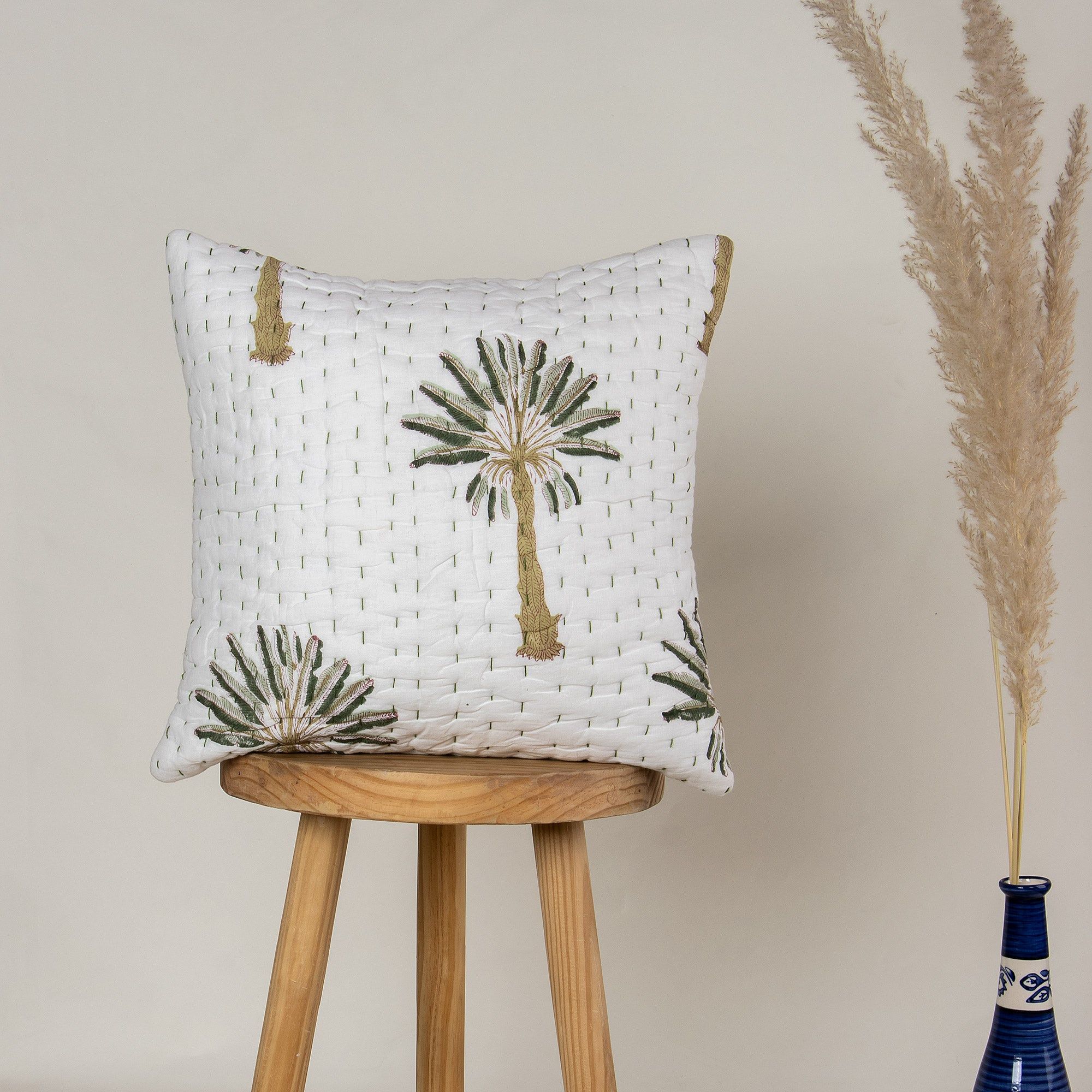 Luxury Green Palm Tree Printed Kantha Sofa Cushions Covers